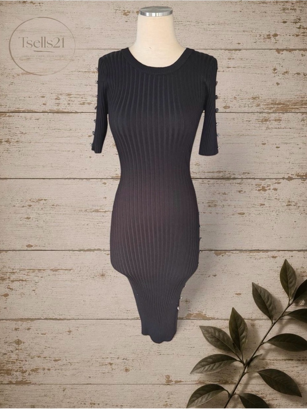 Venus Black Ribbed Knit Bodycon Dress with Button Details - Size M